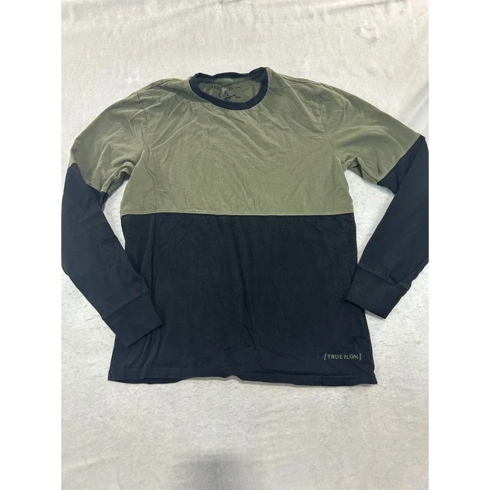 True‎ Religion Mens Colorblock Long Sleeve Shirt Olive Black Crew Neck Large